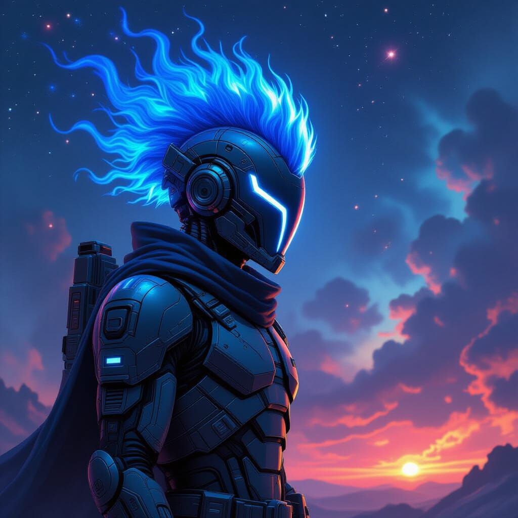 Space Warrior with Blue Flaming Mohawk in Sci-Fi Concept Art...