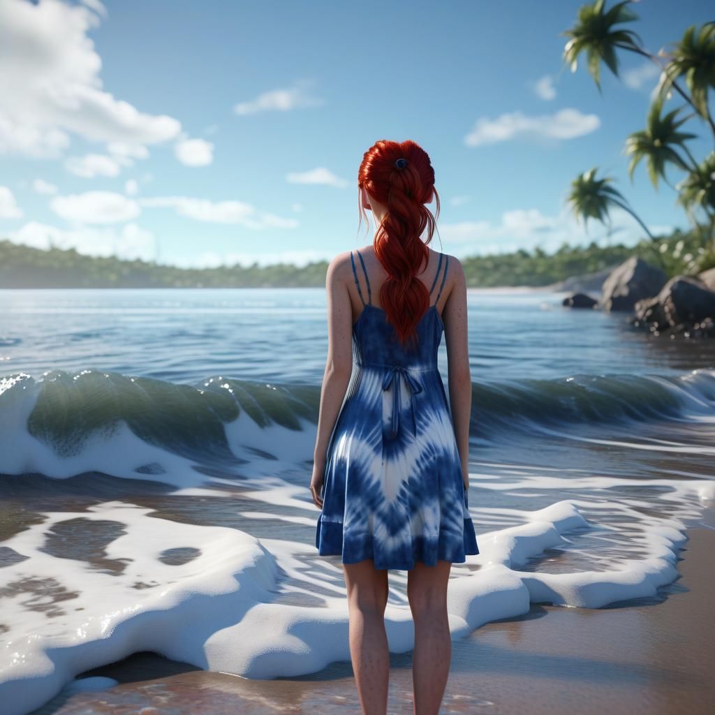 Girl with Red Hair on Beach, Fantasy Concept Art