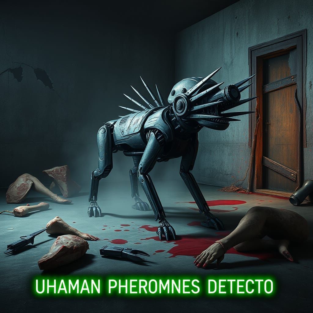 Menacing Robot Dog with Blades in Industrial Horror Scene