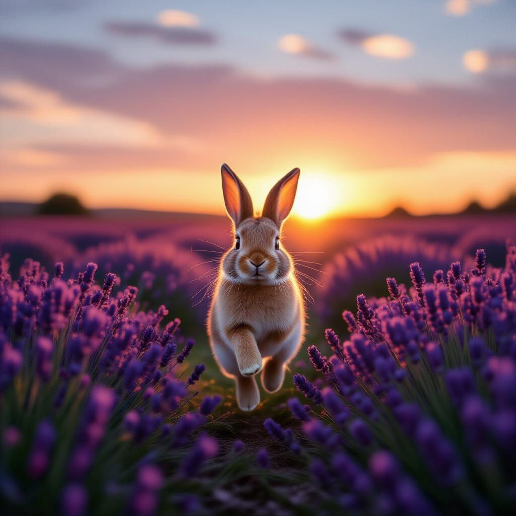 Realistic Bunny Rabbit in Lavender Field at Sunset