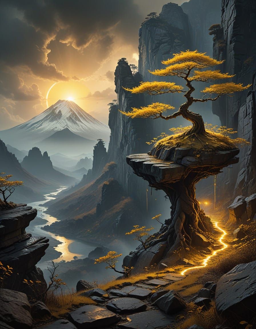 Ethereal Mountain Goddess Unfolds from Ancient Rock