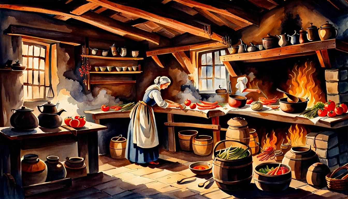 Medieval Maid in Alpine Kitchen Watercolor Painting