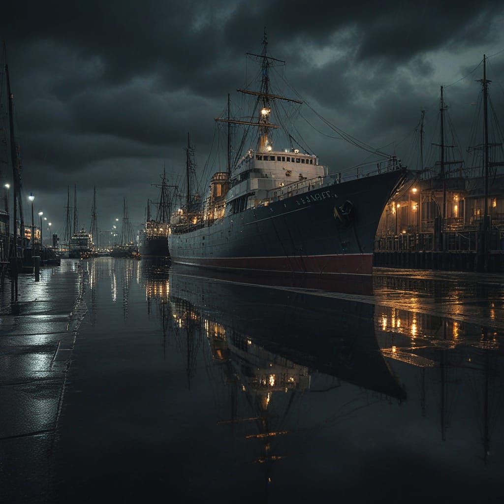 Moody Seaport at Dusk, Film Noir Style