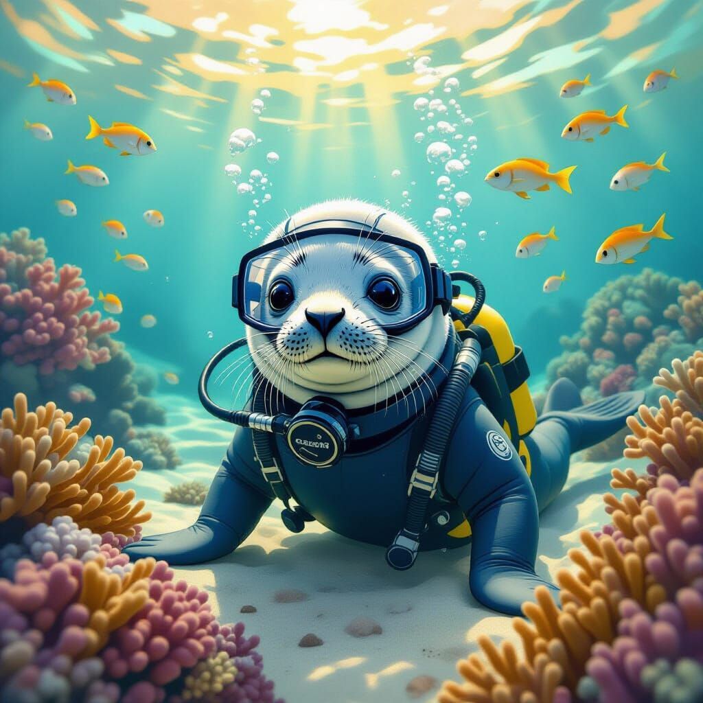 Baby Seal Scuba Diver in Underwater Paradise