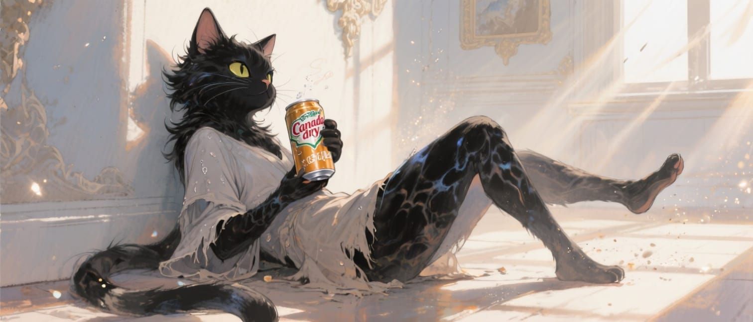 Anthropomorphic Cat Relaxing in High Fantasy Anime Style