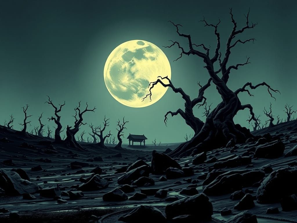 Eerie Moonlit Landscape in Haunting, Gritty Style