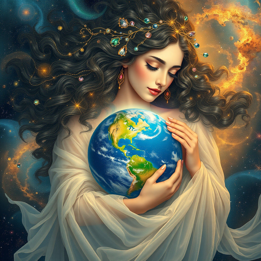 Goddess Embracing Earth in Ethereal Klimt-Inspired Scene