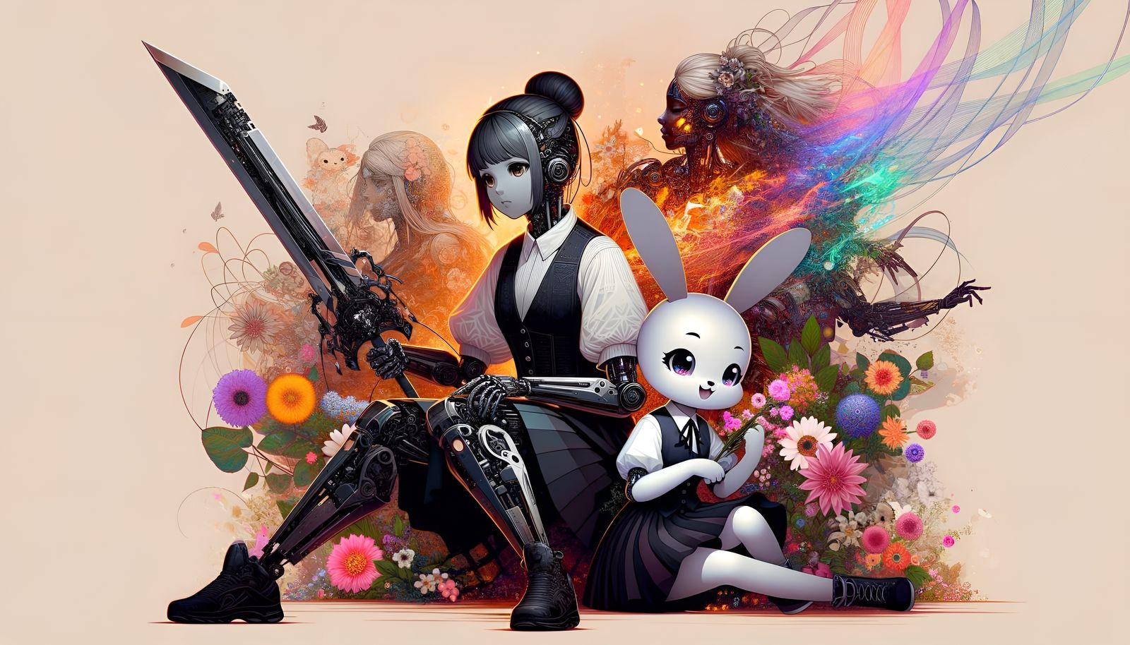 Hispanic Girl with Sword and Androids in Digital Art