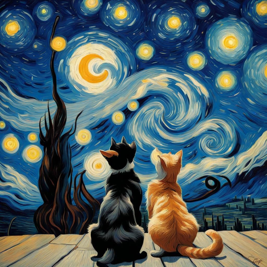Cats Gaze at Starry Night in Van Gogh Style