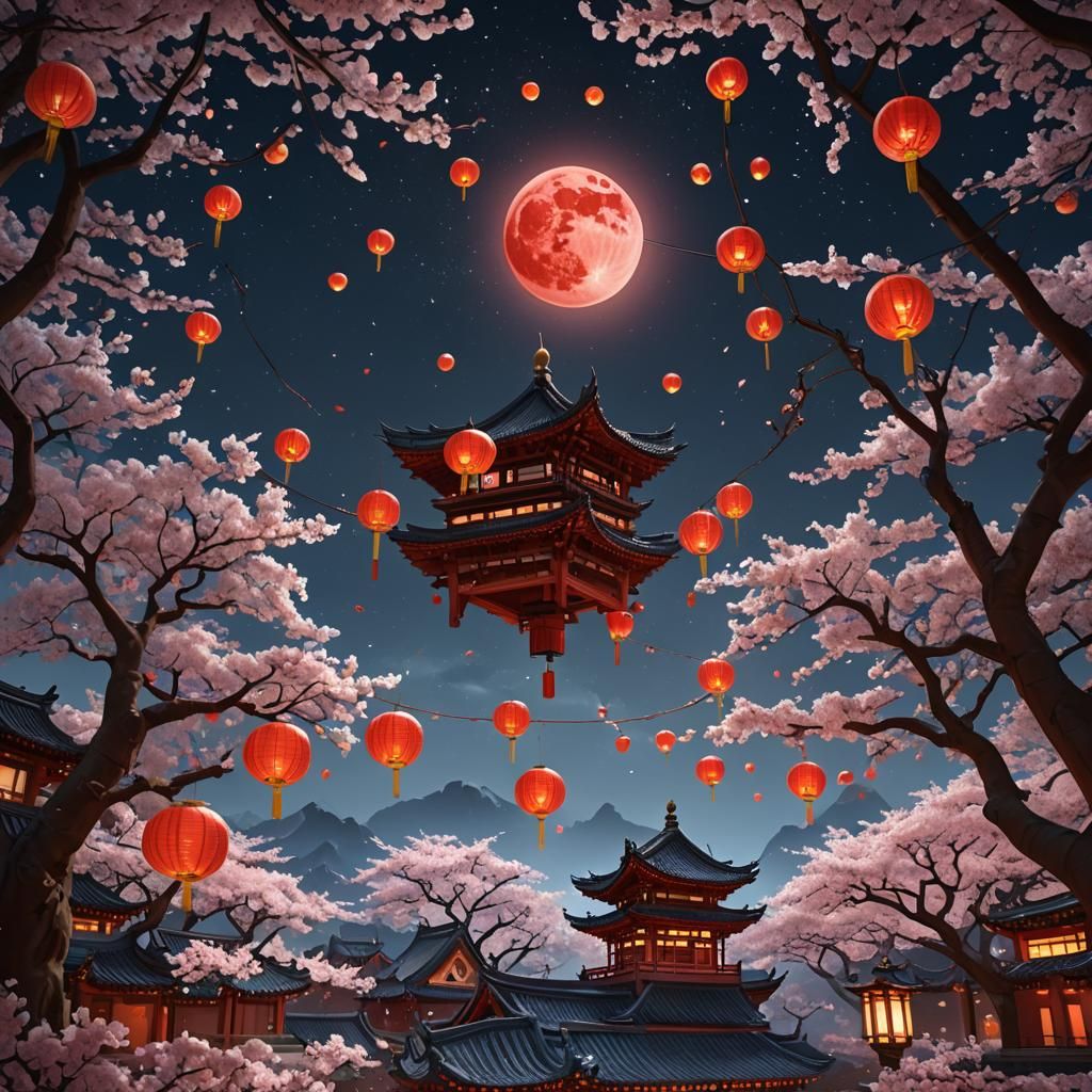 Red Moon Over Sakura in Fantasy Concept Art