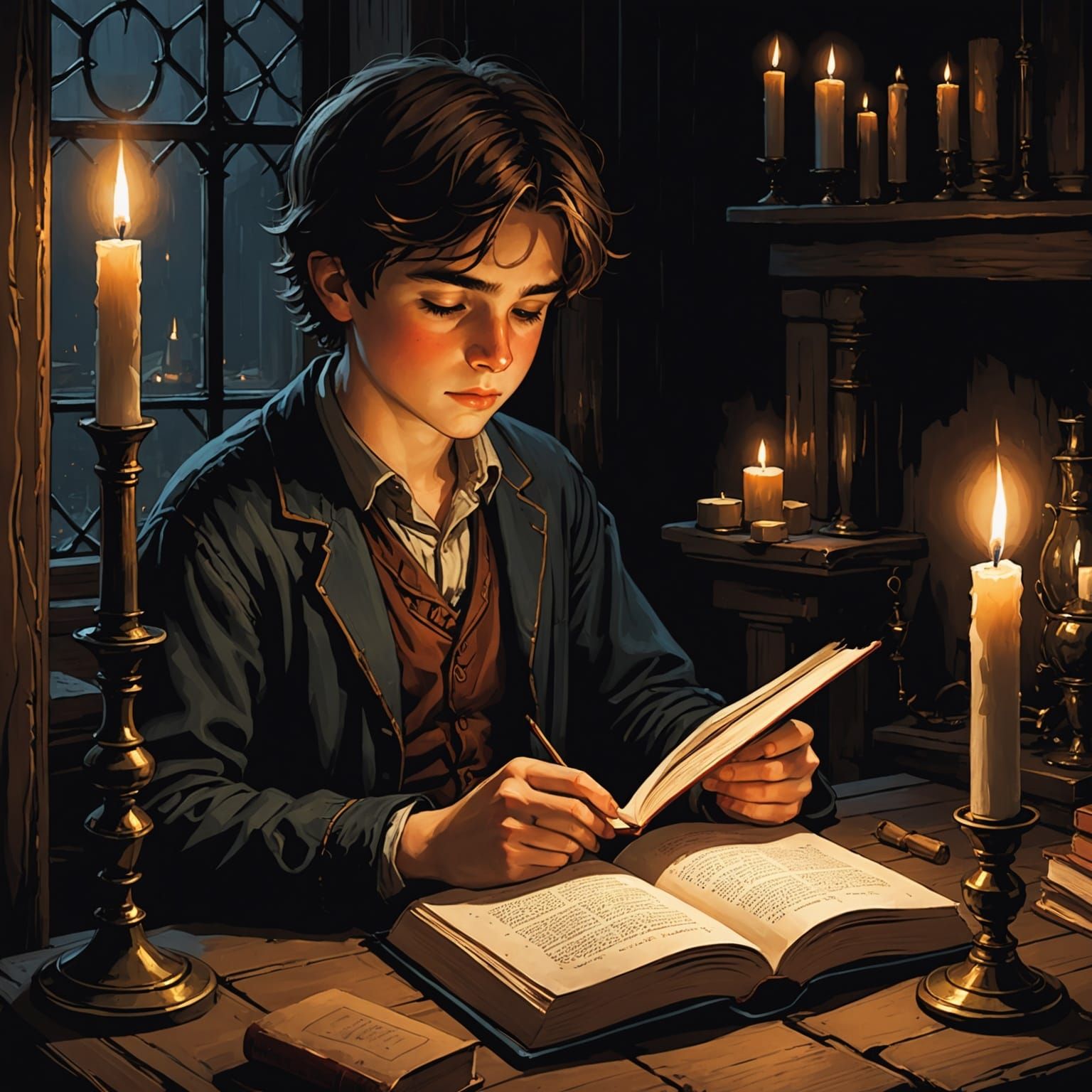 Boy Reading by Candlelight in Dark Room, Anime Style