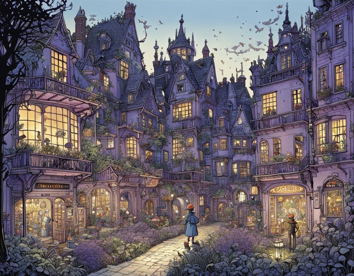 Whimsical Garden Scene in Dreamy Violet Hues