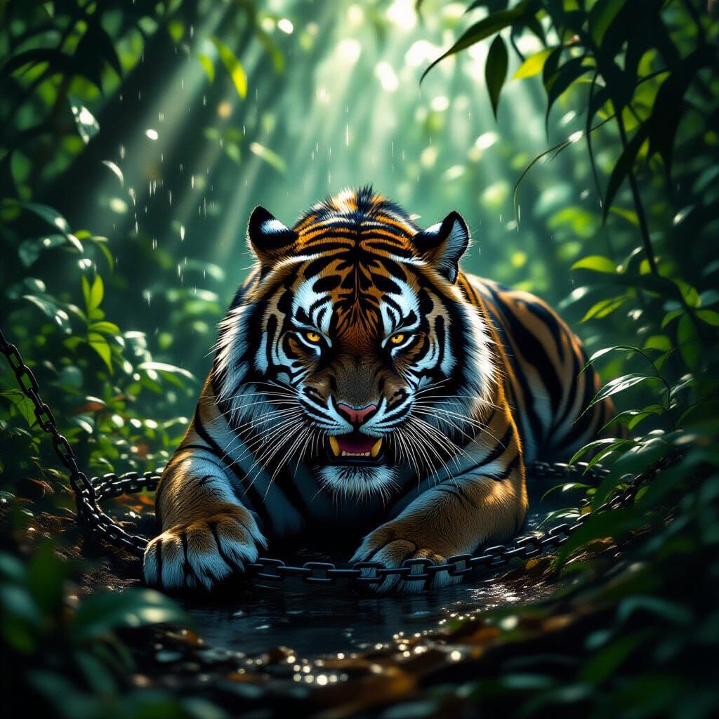 Black Tiger in Pain Trapped in Rainforest