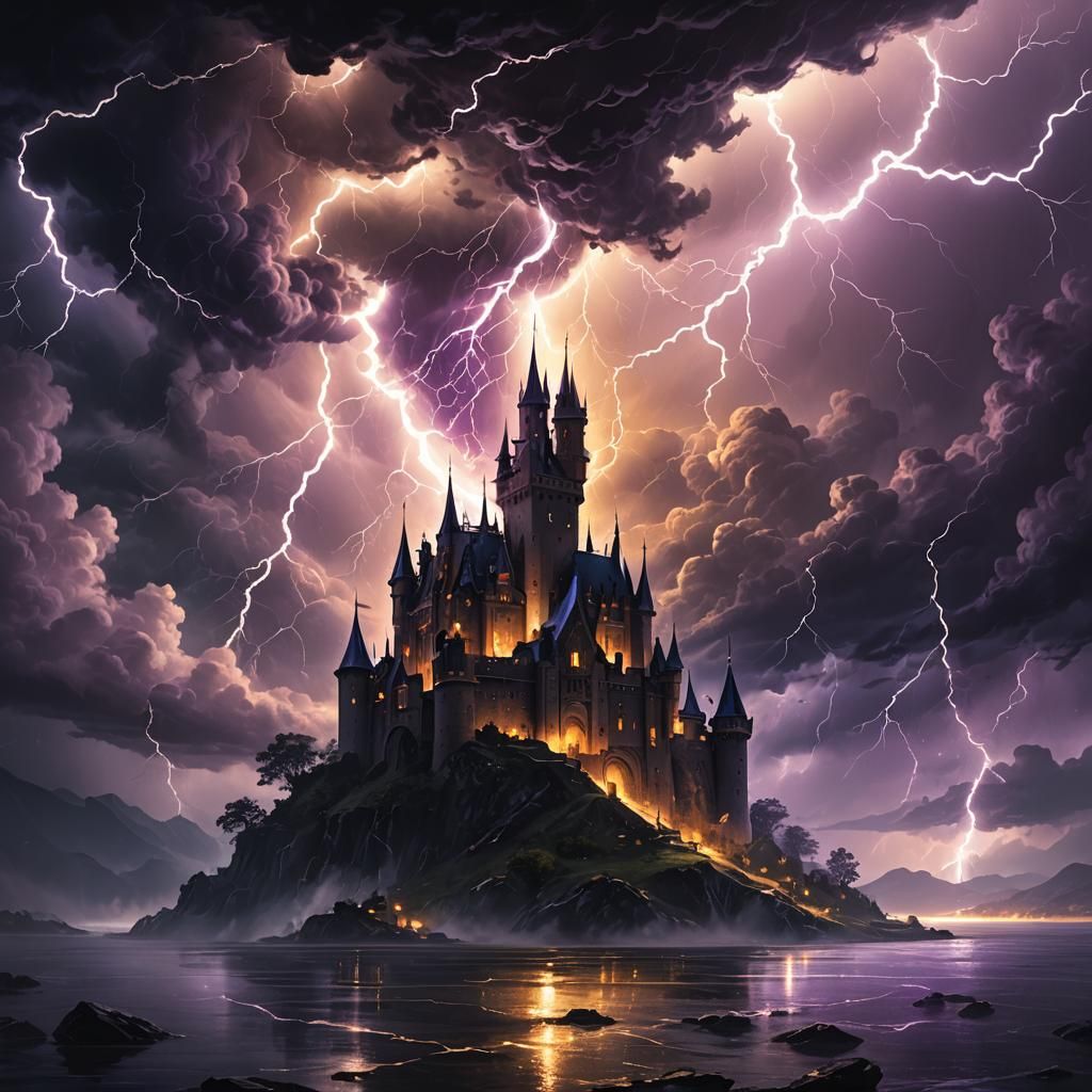 Epic Fantasy Thunderstorm over Distant Castle