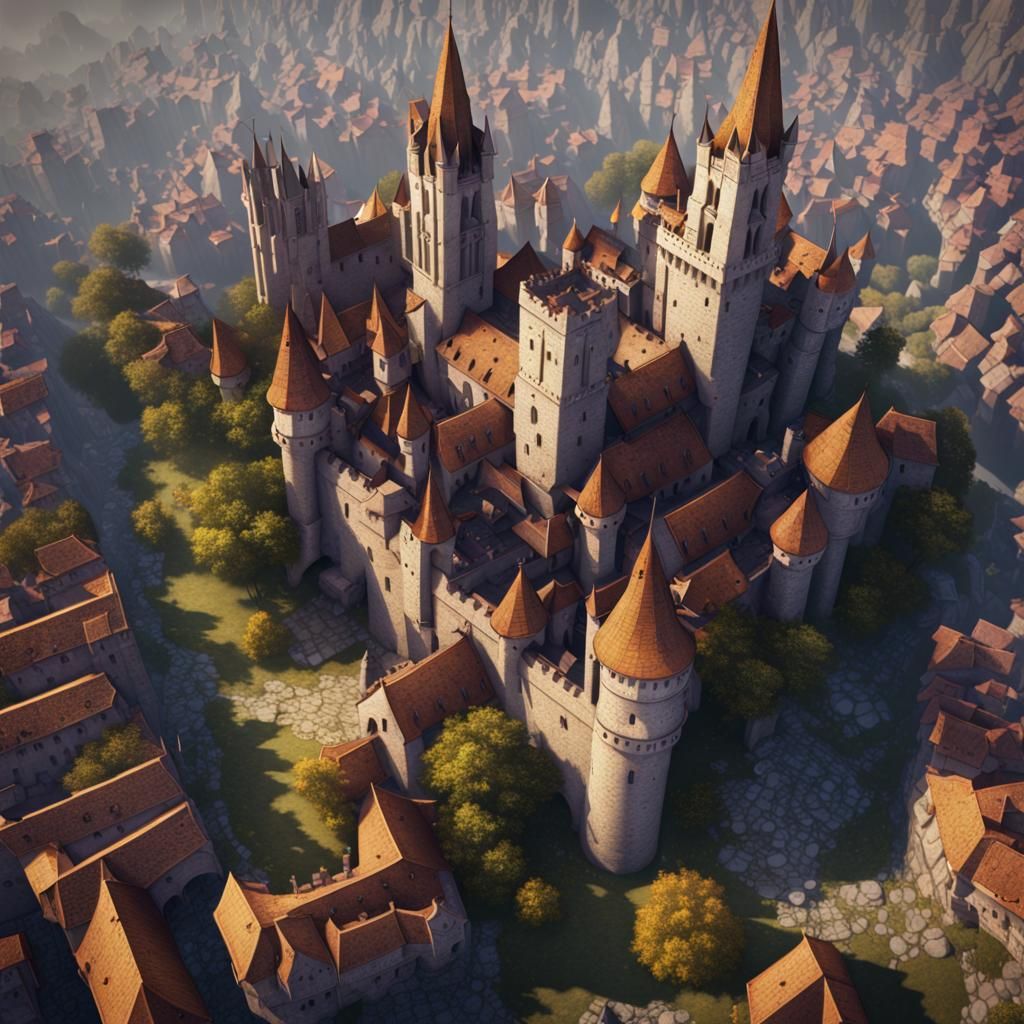 Medieval City Aerial View, Dark Fantasy Concept Art