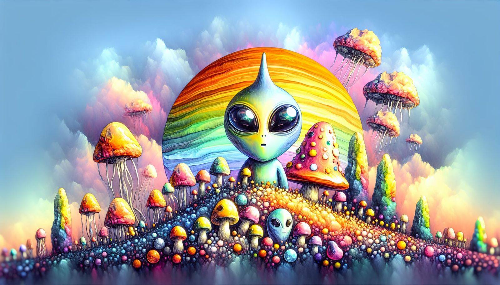 Alien Gnome in a Candy Landscape Watercolor