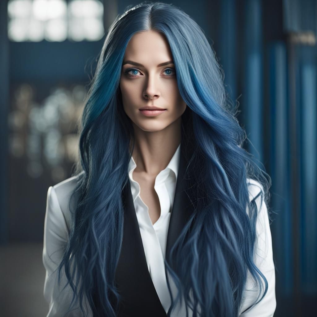 Confident Businesswoman with Blue Hair, Oil Painting