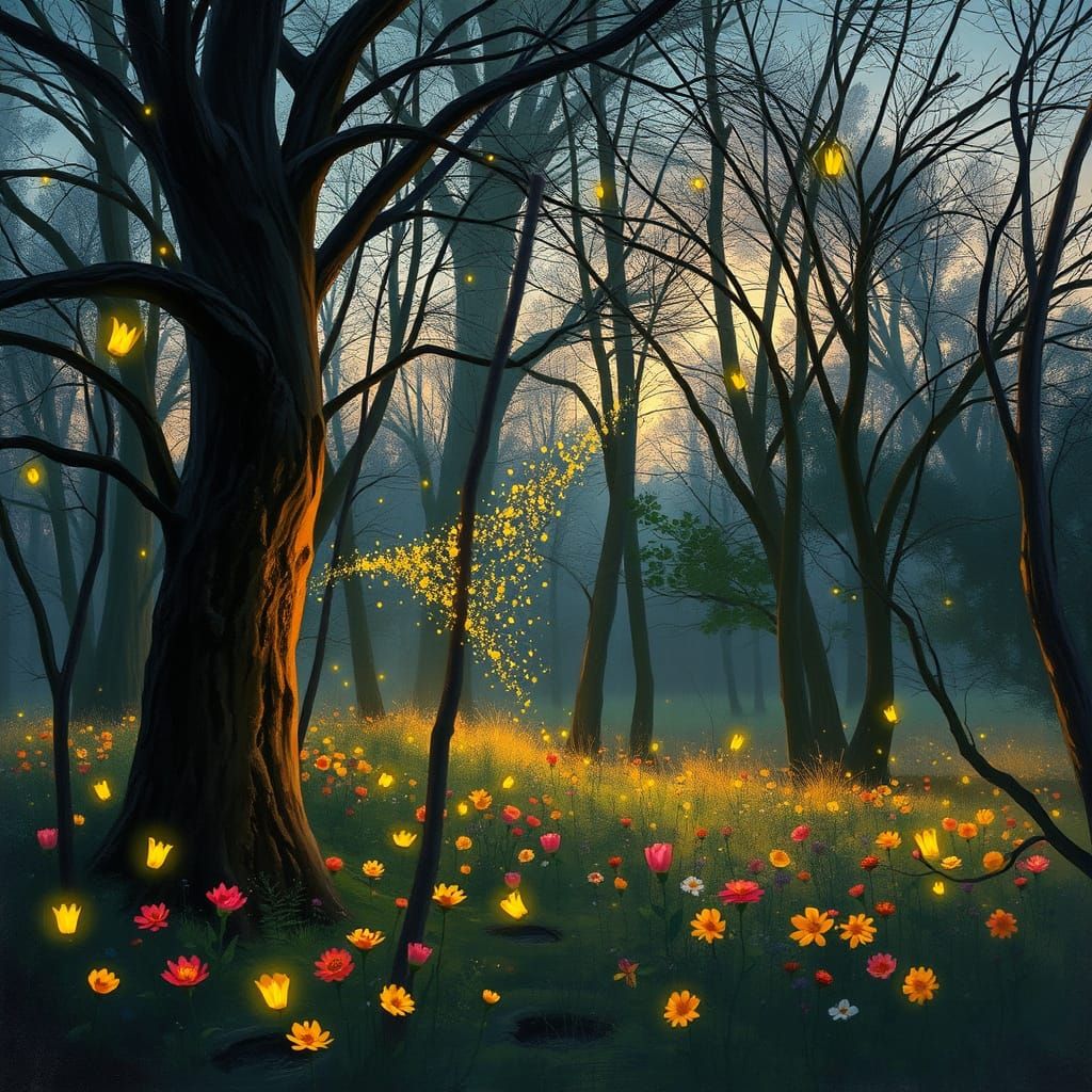 Whimsical Forest Scene with Fireflies in Dreamy Light