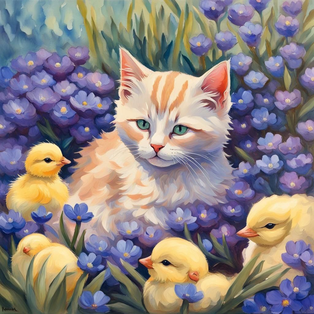 Kitten and Chicks in Impressionist Gouache Field