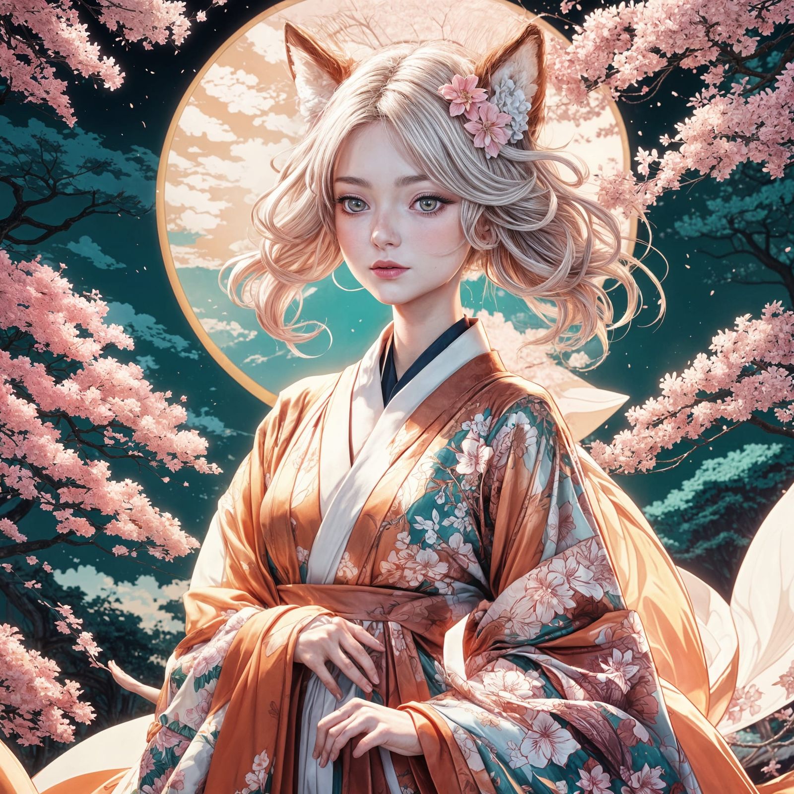 Surreal Kitsune Goddess Adorns Cherry Blossom Grove in Vibra...