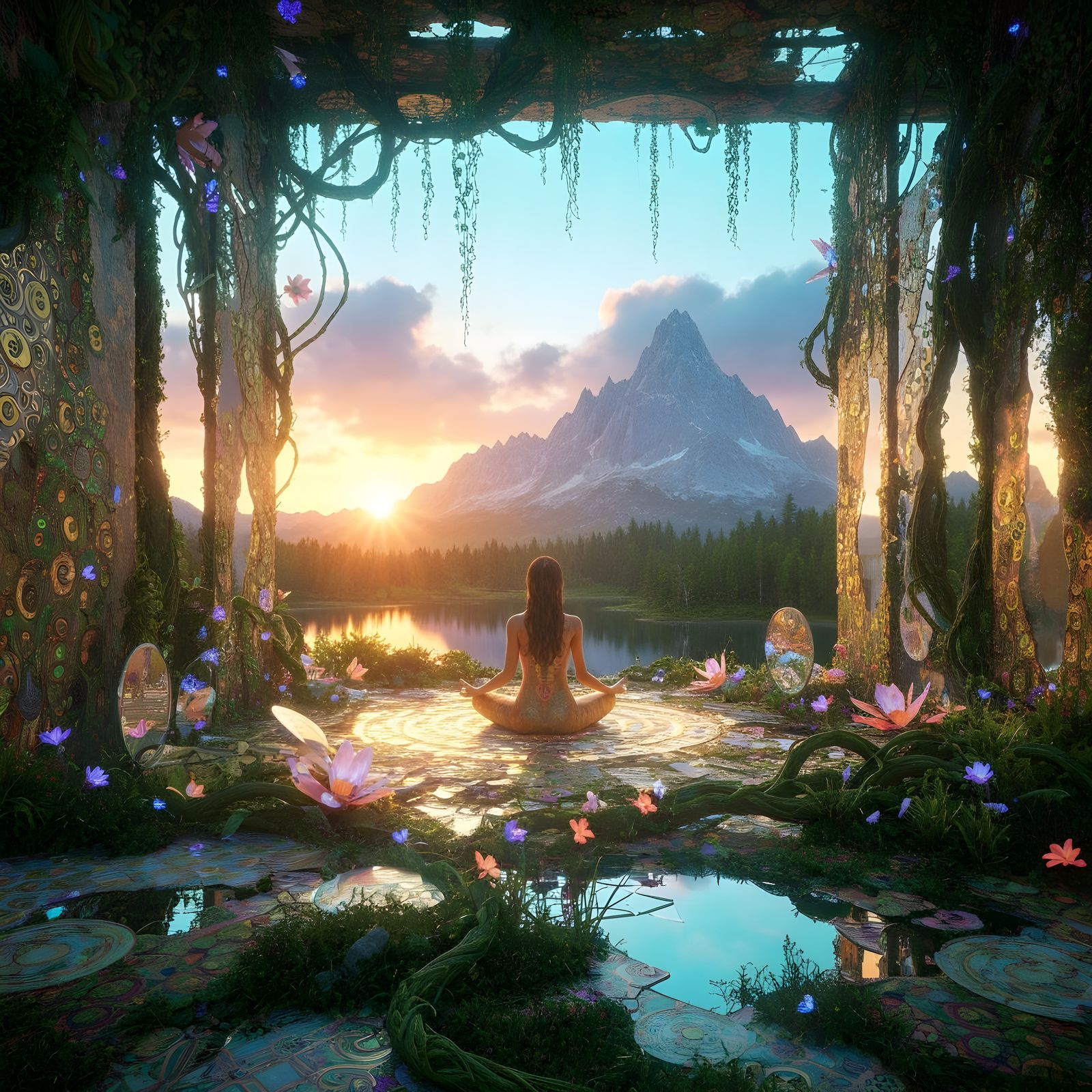 Meditating Woman in Luminous Labyrinth of Light