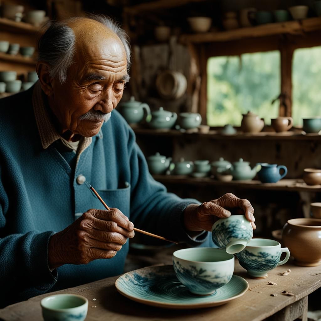 Craftsman Paints Landscape on Teacup: Cinematic Film Still