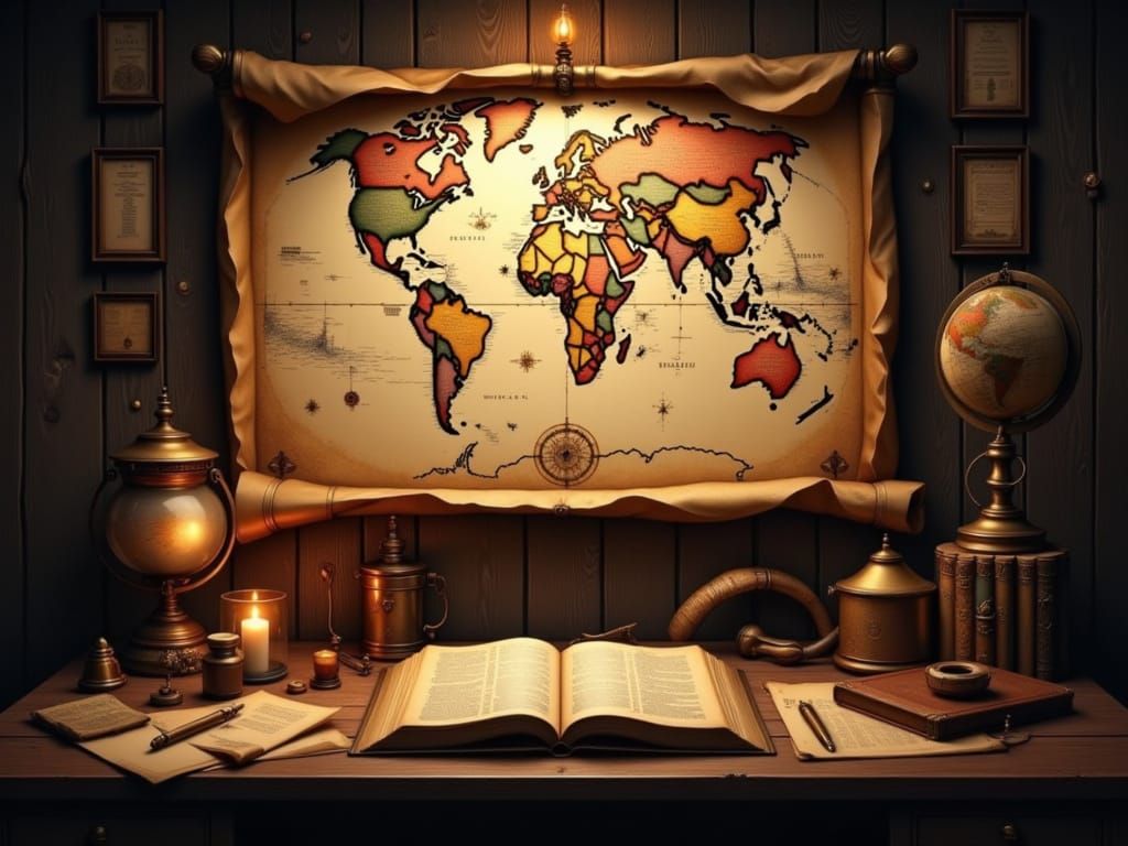 Vintage World Map & Desk Scene in Warm Lantern Light