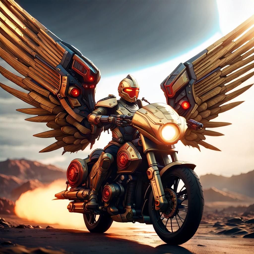 Cyborg Hussar Rides Sci-Fi Motorcycle, Digital Art