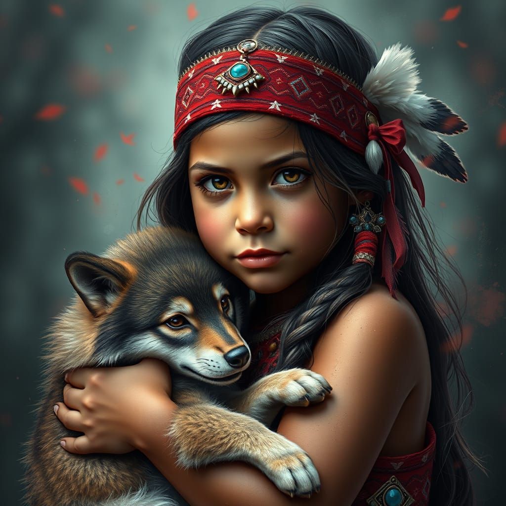 Native American Girl Cradles Baby Wolf in Dreamy Portrait