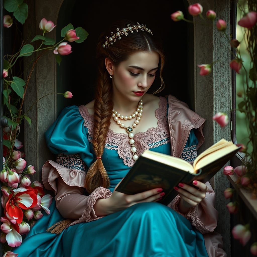 Earthy Court Lady Reading in Garden Nook