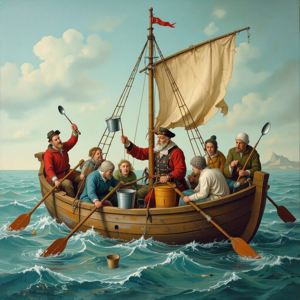 Distressed Boat Scene in Whimsical Style