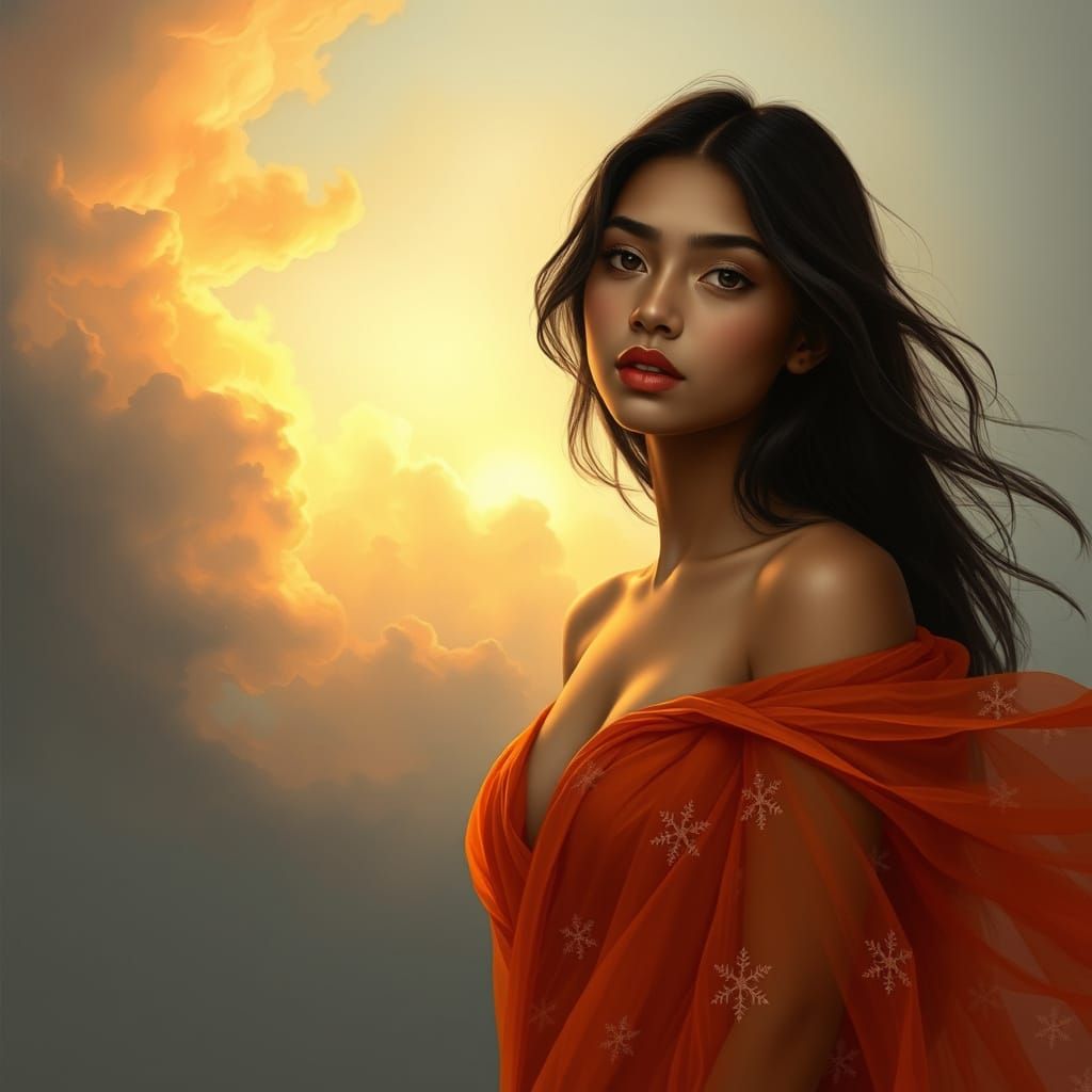 Ethereal Indian Goddess in Vibrant Red-Orange Gown