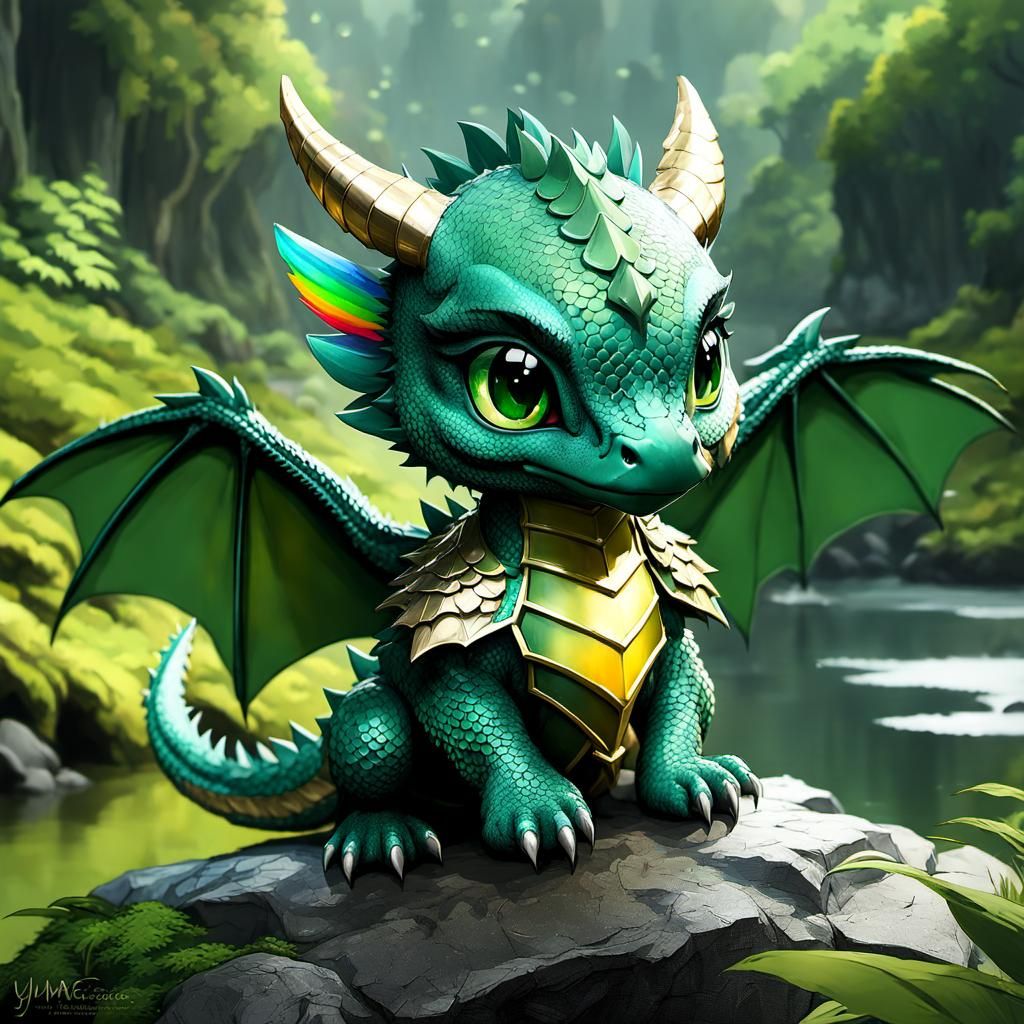 Chibi Dragon with Rainbow Wings in Forest
