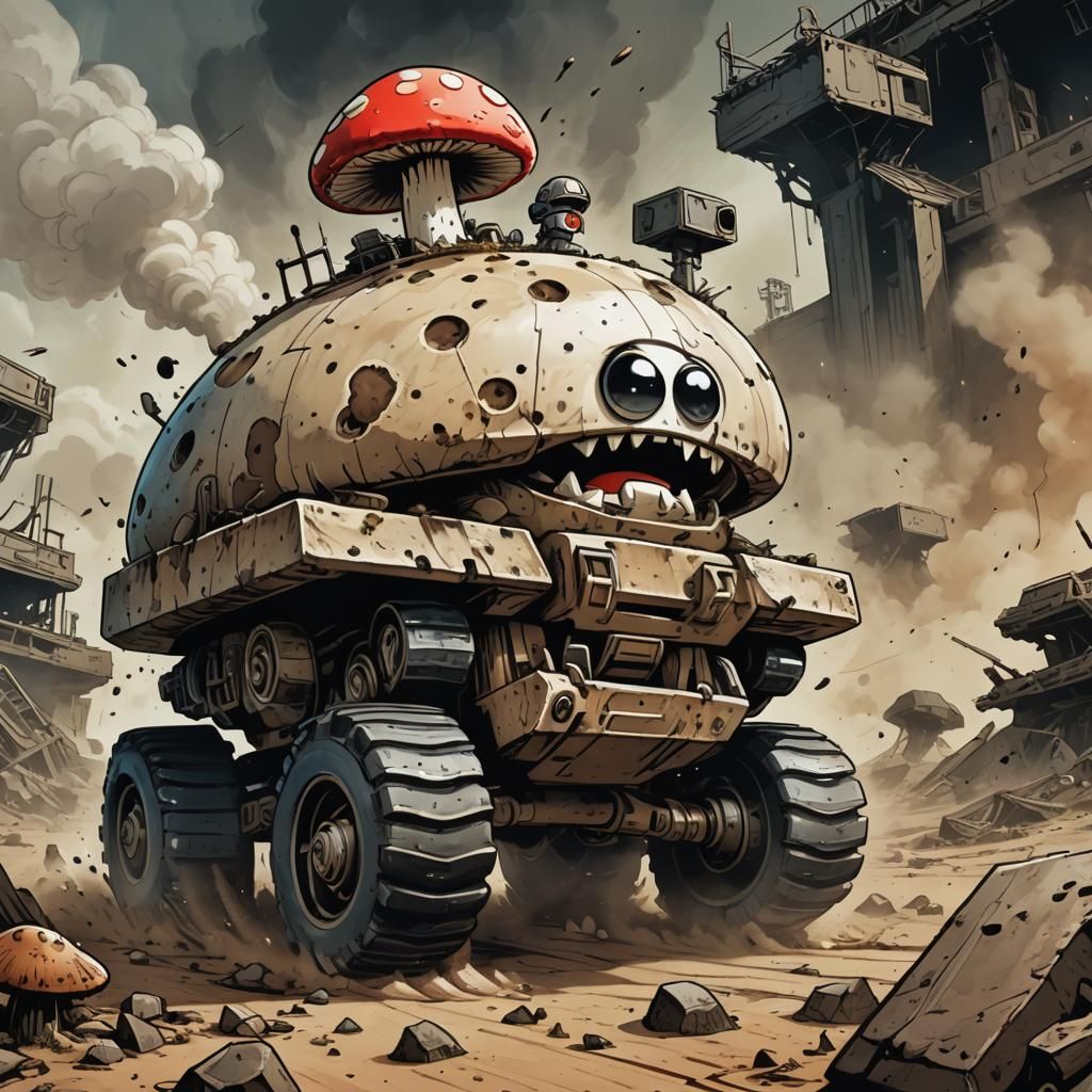 Furious Chibi Mushroom Races in Apocalyptic Tank