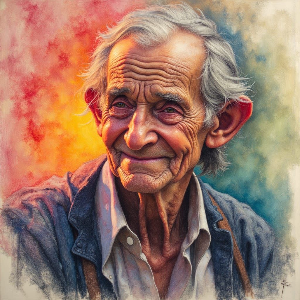 Portrait of an 80-Year-Old Man in Mixed Media