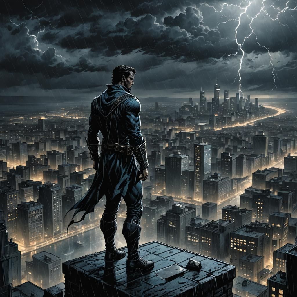 Gritty Superhero on Tower in Dark Comic Book Art