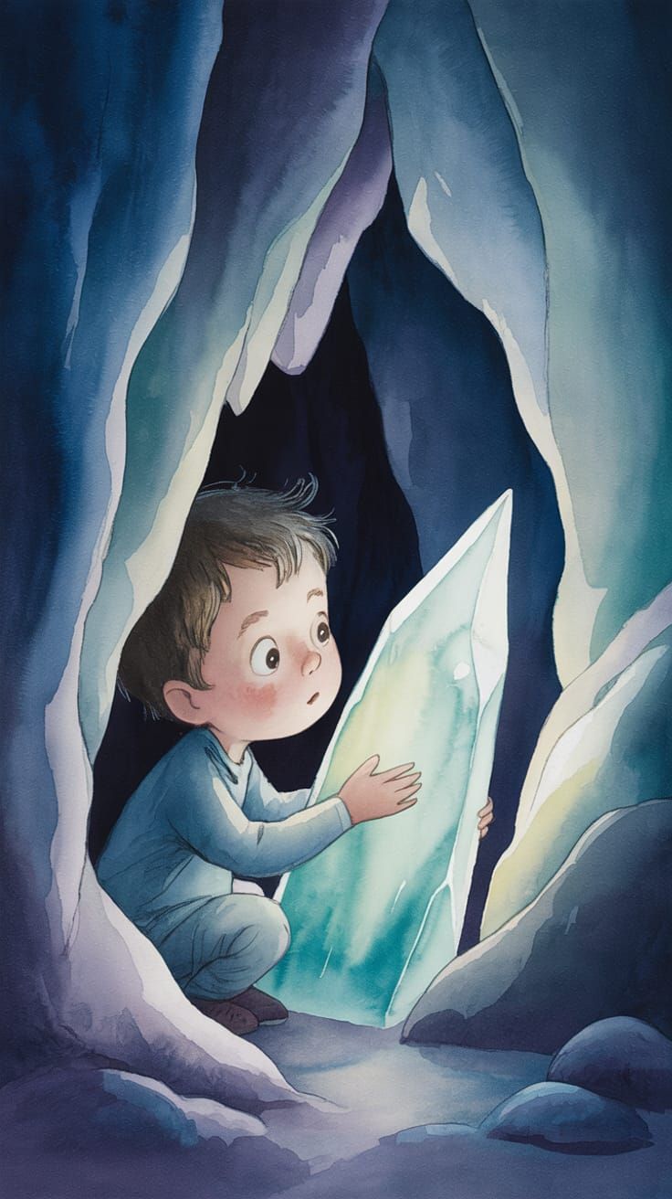 Boy With Glowing Ice in Shadowy Cave Watercolor