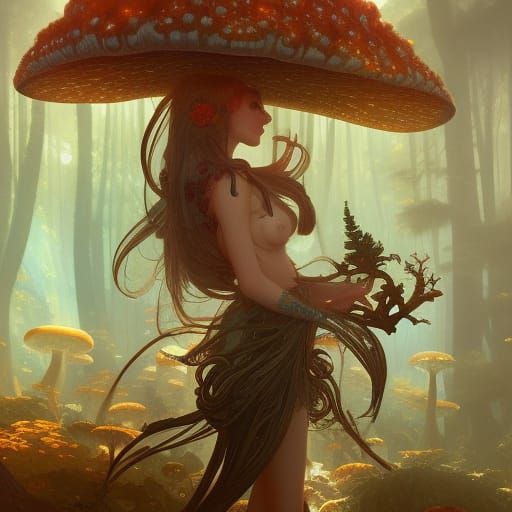 Fractal Machine Elf Girl in Mushroom, Detailed Concept Art