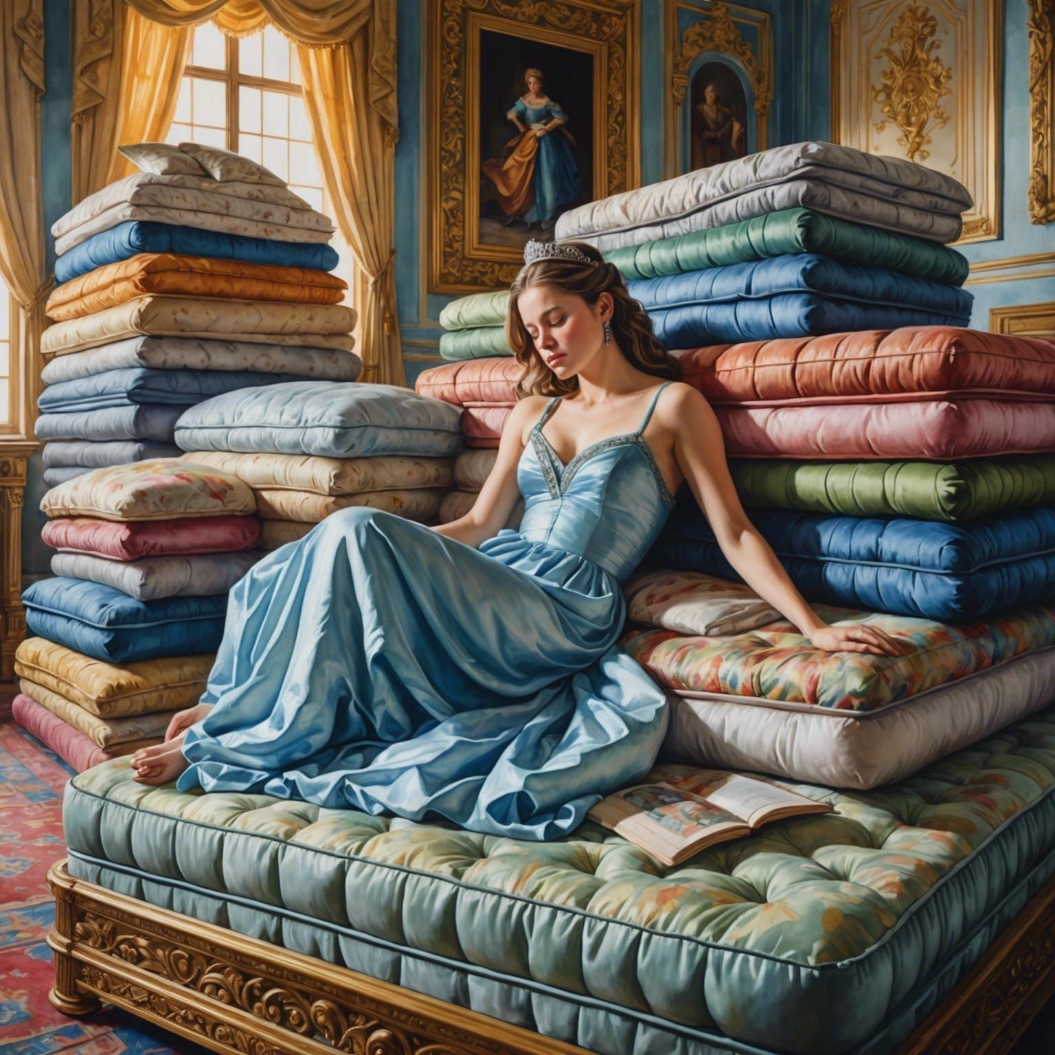 Hyperrealistic Watercolor of Princess Sleeping on Mattresses