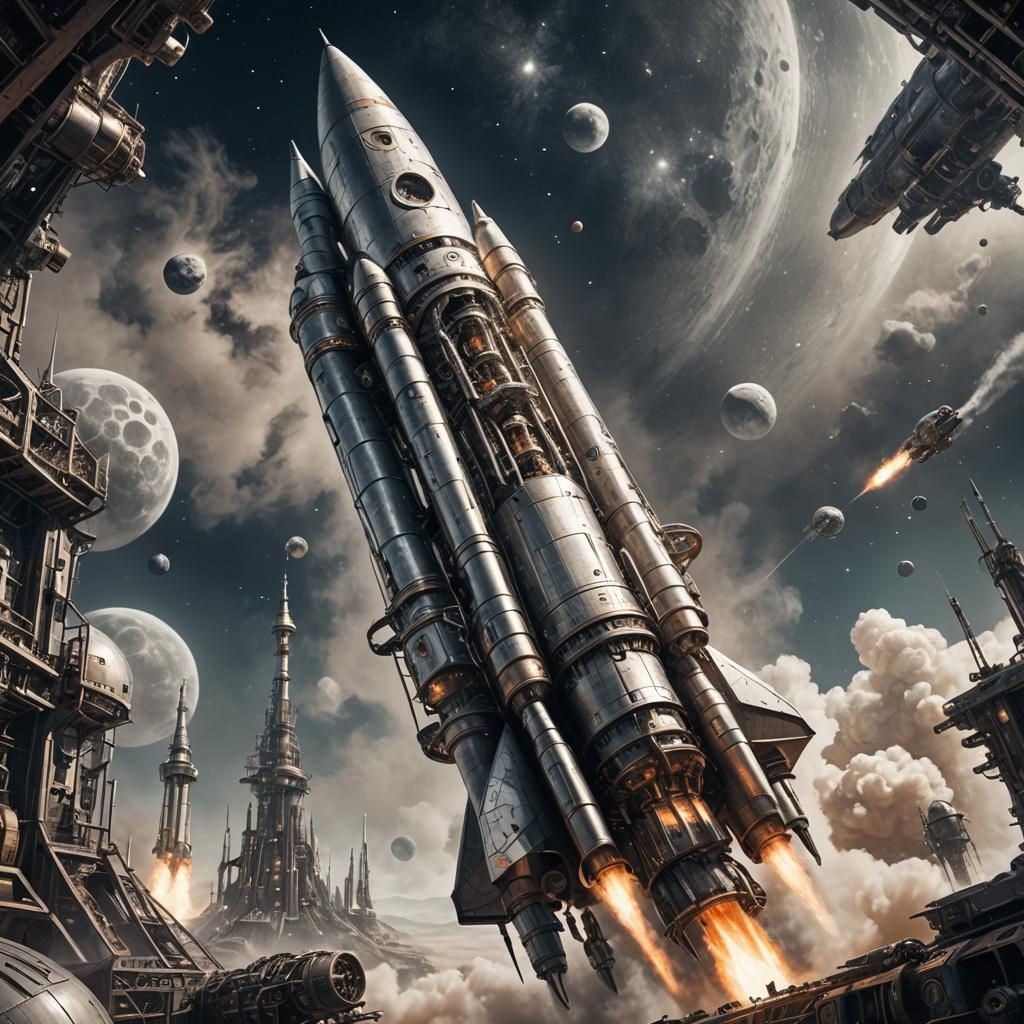 Retro-Futuristic Steampunk Rocket to the Moon