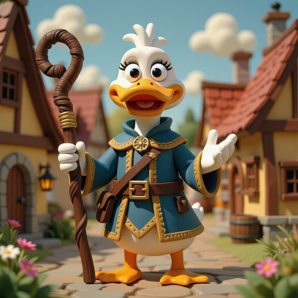 Claymation Duck Cleric in Medieval Village