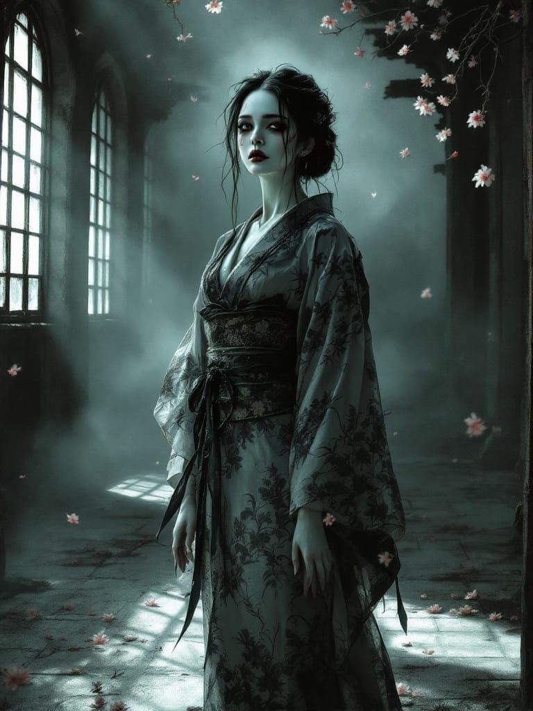 Haunting Japanese Woman in Abandoned Temple, Gothic Realism