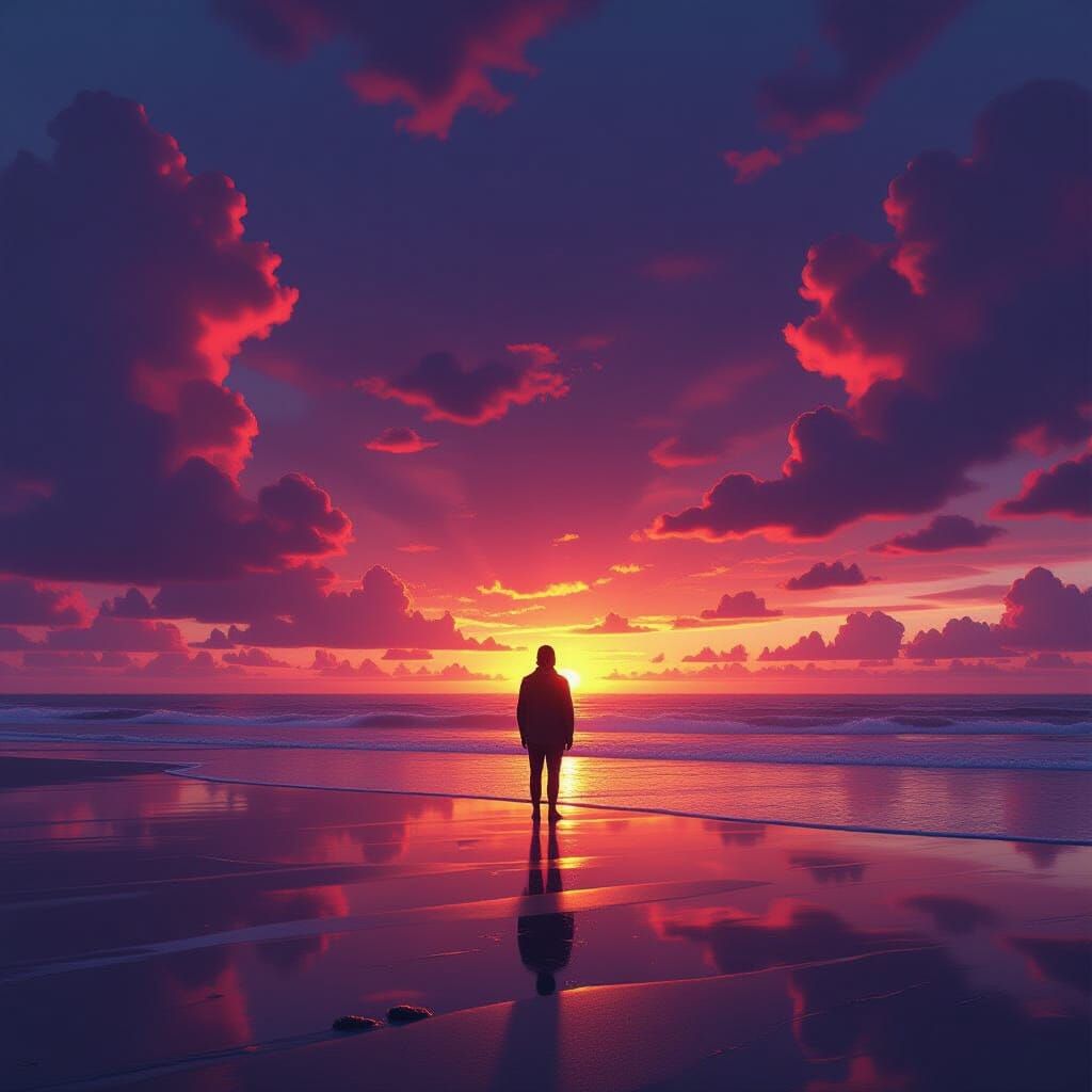 Solitary Figure Watches Vibrant Beach Sunset