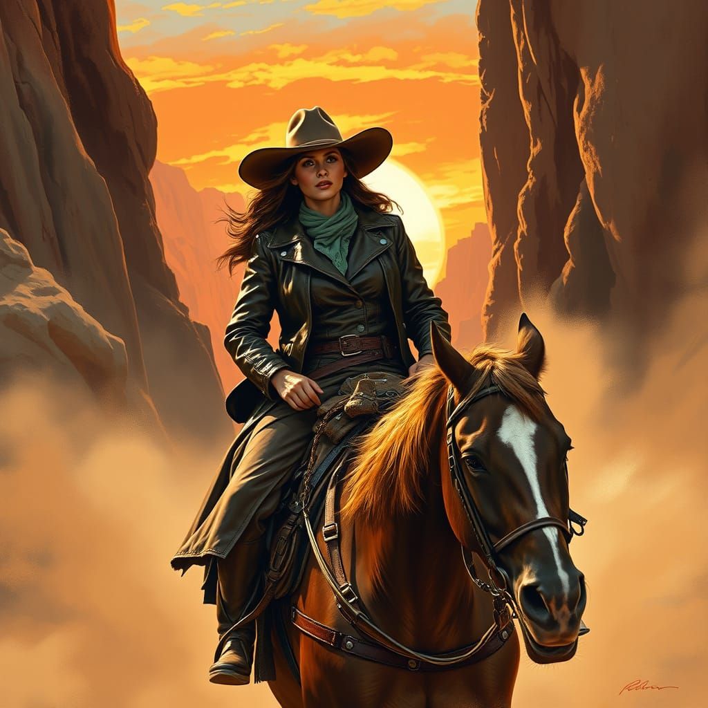 Cowboy Woman Rides Through Canyon in Retro-Futuristic Style