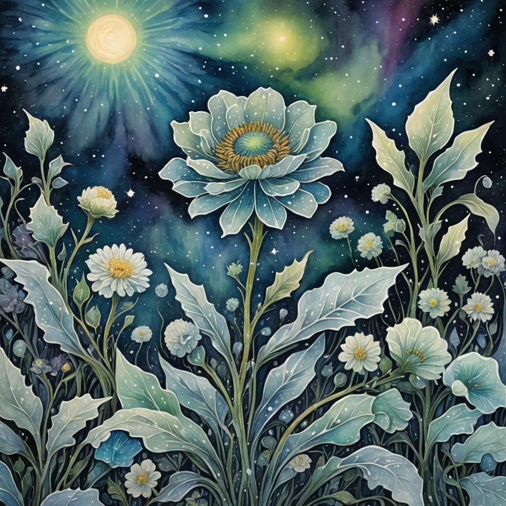 Icy Flower Under Aurora in Art Nouveau Style
