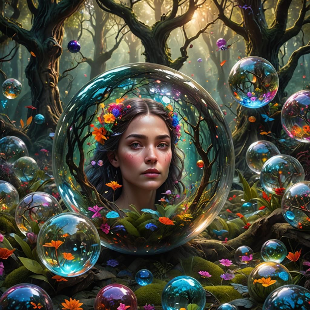 Hyperrealistic Glass Spheres: Woman in Magical Forest