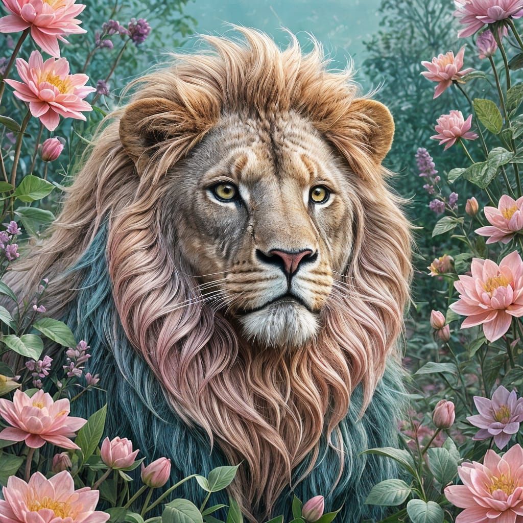 Majestic Lion in a Dreamy Garden Landscape with Pastel Tones