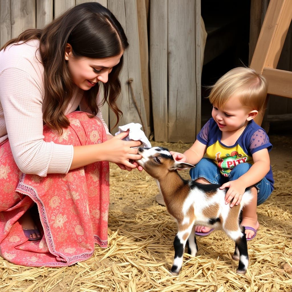 Mother and Child Feeding a Baby Goat in a Cozy Farm Setting