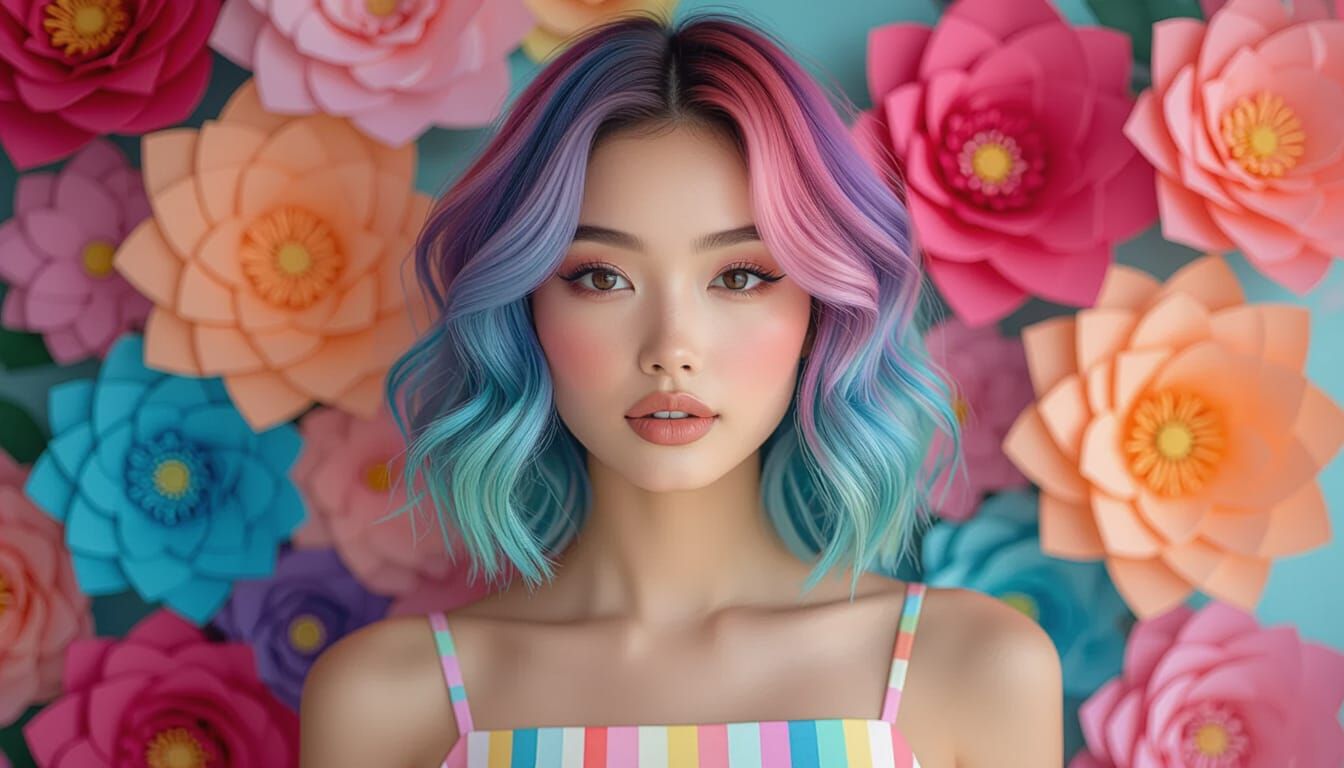 Rainbow Haired Woman Portrait with Paper Flowers