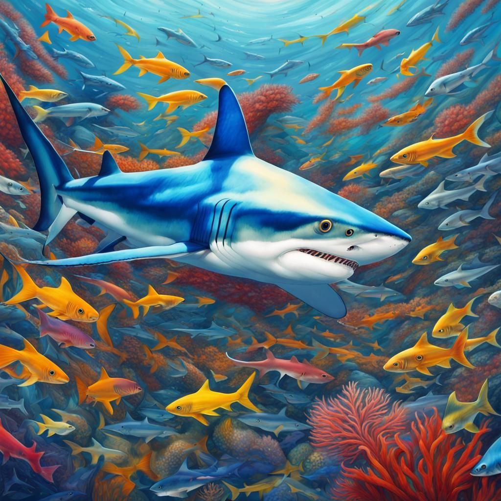 Vibrant Blue Shark in Tropical Waters: Abstract Art